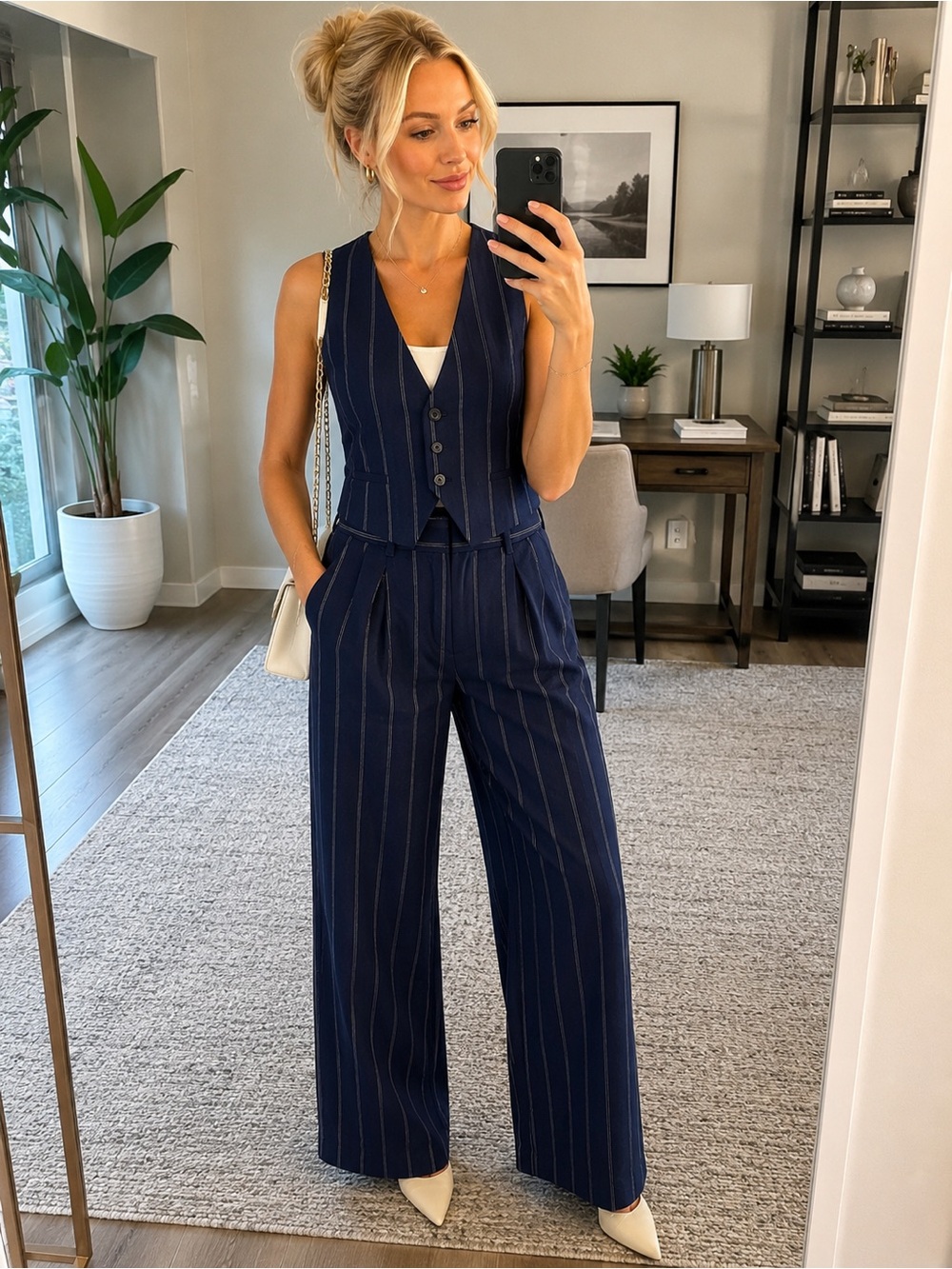 GAP 365 High Rise Linen Blend Pinstripe Trousers Navy Blue Size 4 Petite